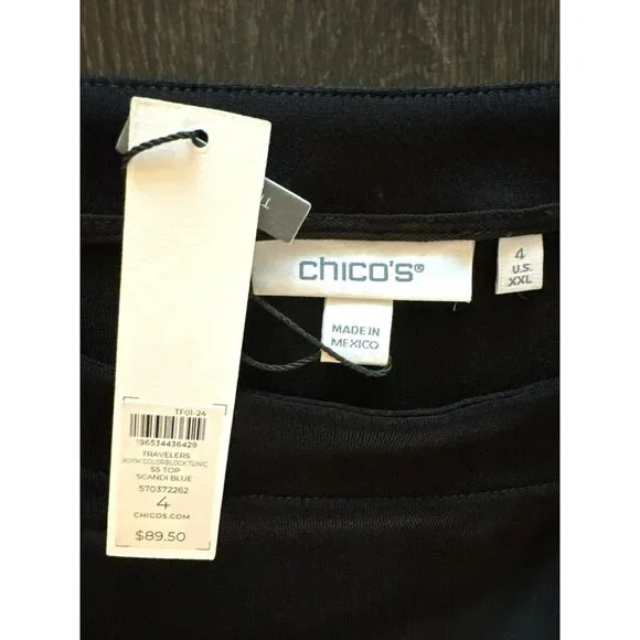 NWT Chicos Travelers Asym Colorblock Tunic Scandi Blue Short Sleeve Top XXL - Picture 3 of 8